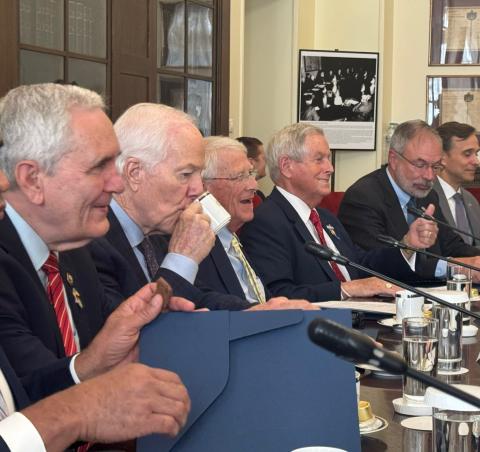 Congressman Wilson leads a meeting with the Minister for Foreign Affairs of Greece Giorgos Gerapetritis, surrounded by Rep. Lloyd Doggett (D-TX), Sen. John Cornyn (R-TX), Sen. Roger Wicker (R-MS), and Rep. Andy Harris (R-MD).